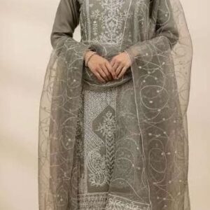 Sage Grey Organza 3-Piece Embroidered Suit