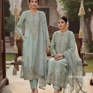 Mint Zardozi Organza Embroidered 3-Piece Suit