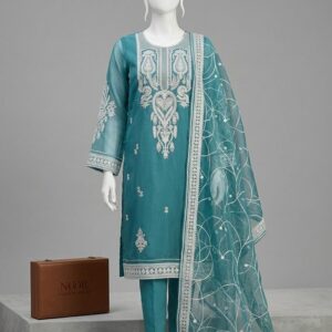 Teal Radiance  Organza Embroidered 3-Piece Suit