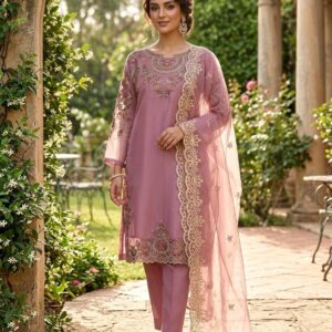 Mauve Dreams Organza Embroidered 3-Piece Suit
