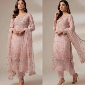 Blush Pink Organza 3-Piece Embroidered Suit