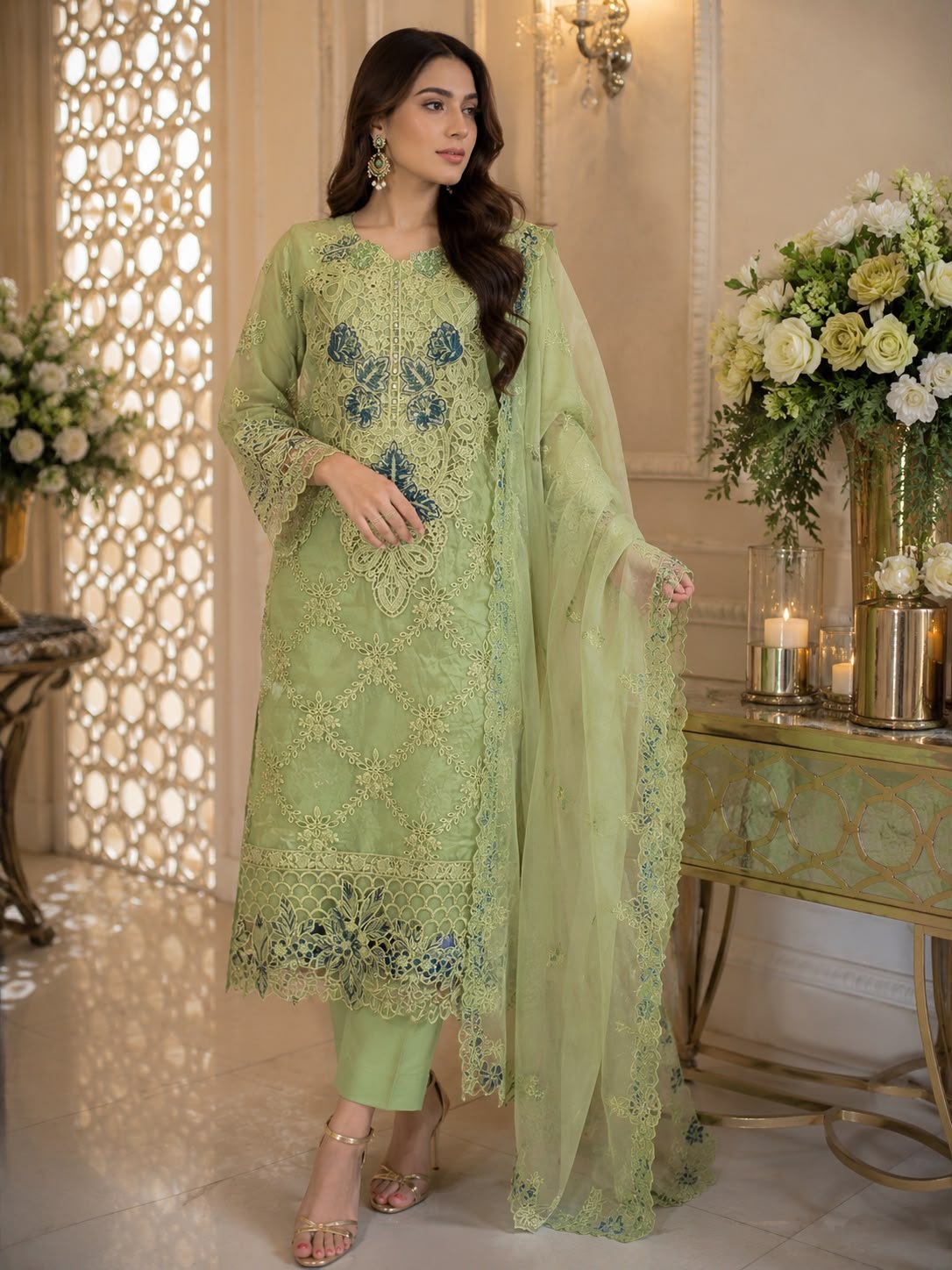 Organza Party Wear Full Embroidered Organza Shirt Organza Dupata Grip Trouser