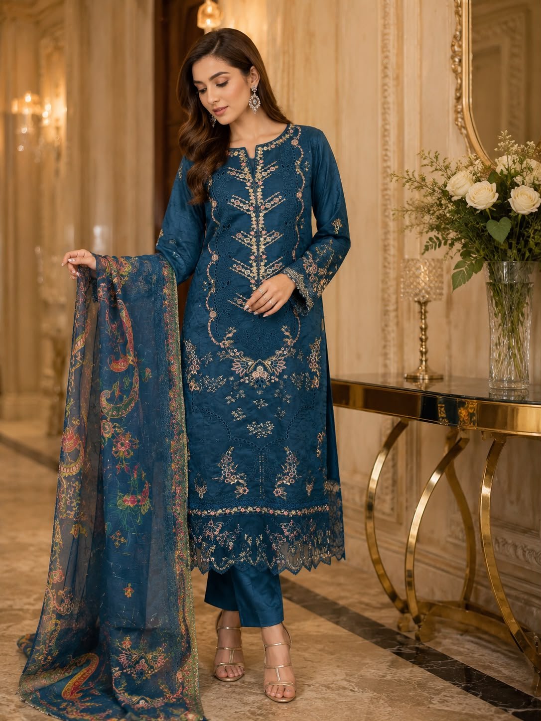 Khadi Net Full Embroidered Shirt Prented Dupata Ghadi Net trouser