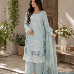 Lawn 3 Piece  Luxury Pert  Full Chiken Kari Shirt  Printed Dupata Trouser